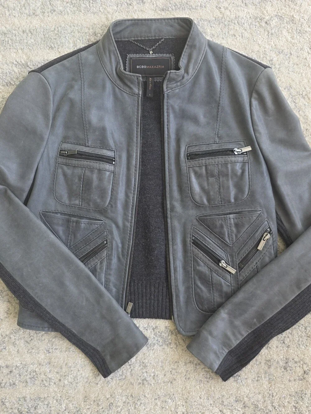 BCBGMAXAZRIA Gray REAL Leather Moto Jacket – Edgy Luxe Designer Jacket S